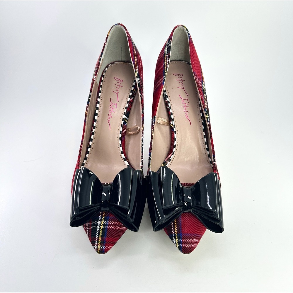 Betsey Johnson Bret Pumps 7 Red Tartan Plaid Black Bow Stiletto Cocktail Heels - Picture 3 of 12